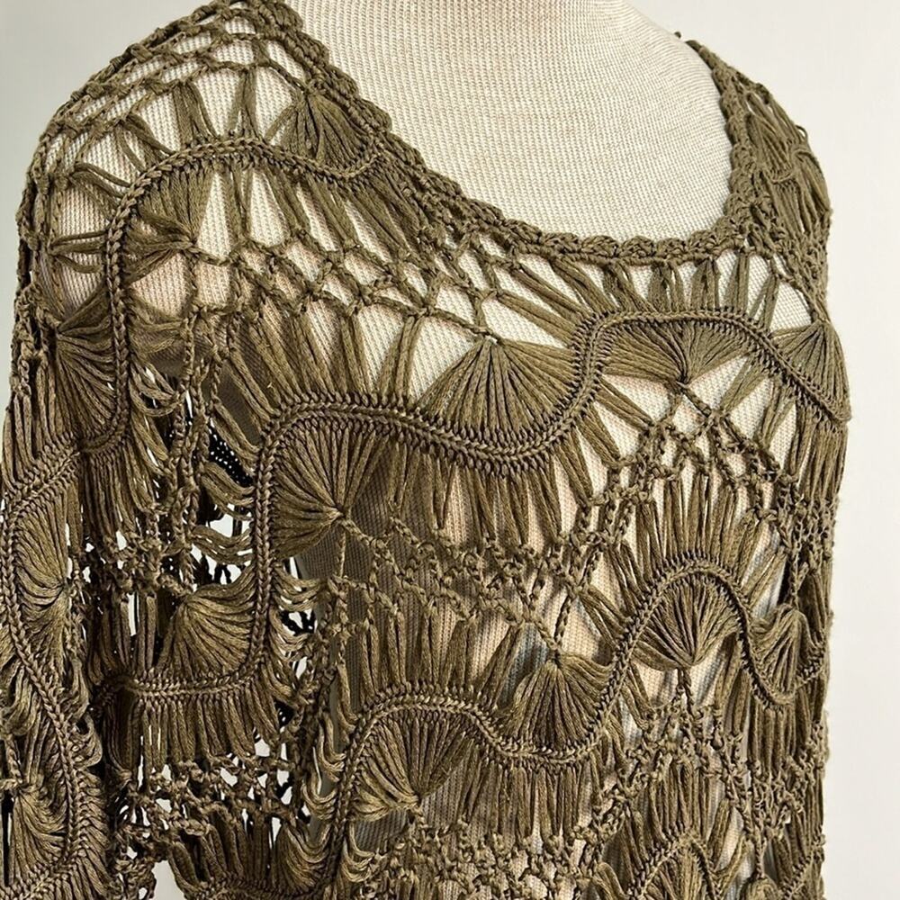Lisa International Brown Open Crochet Knit 3/4 Sleeve Sweater Pullover Size PL